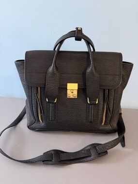 3.1 Philip Lim Black Textured Leather Satchel with Gold Hardware